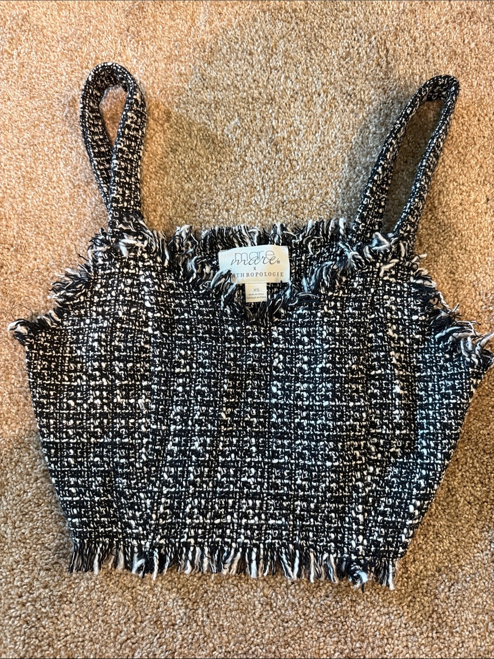 Anthropologie Black & White Tweed Frayed Crop Top